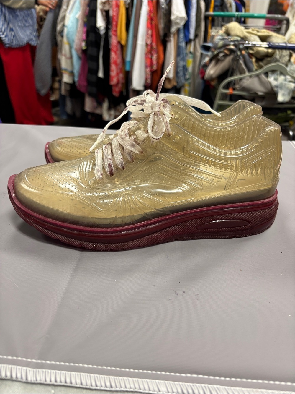 ISH Clear Beige-Tinted Jelly Sneaker with Burgundy Platform